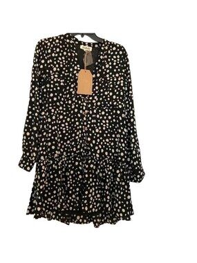 Listicle Polka Dot Ruffle Hem Mini Dress*Button Down*34" Long *Black * XS* NWT